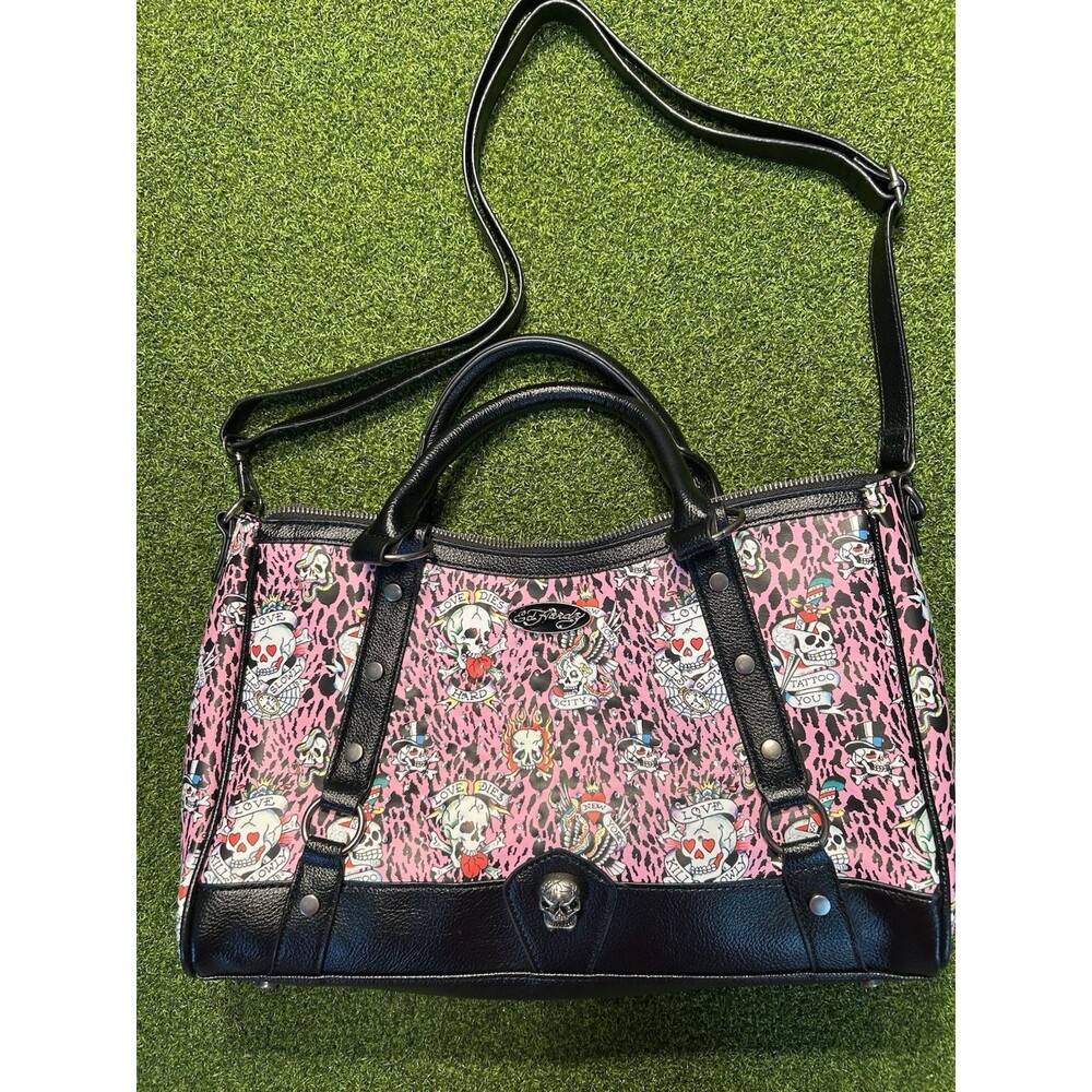 Ed Hardy Pink Leopard Tattoo Skull Rhinestone Satchel Y2K Crossbody Bag EUC!!